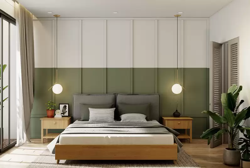 Phòng ngủ trong phong cách nội thất Bazaar có ga giường vintage, màu trung tính