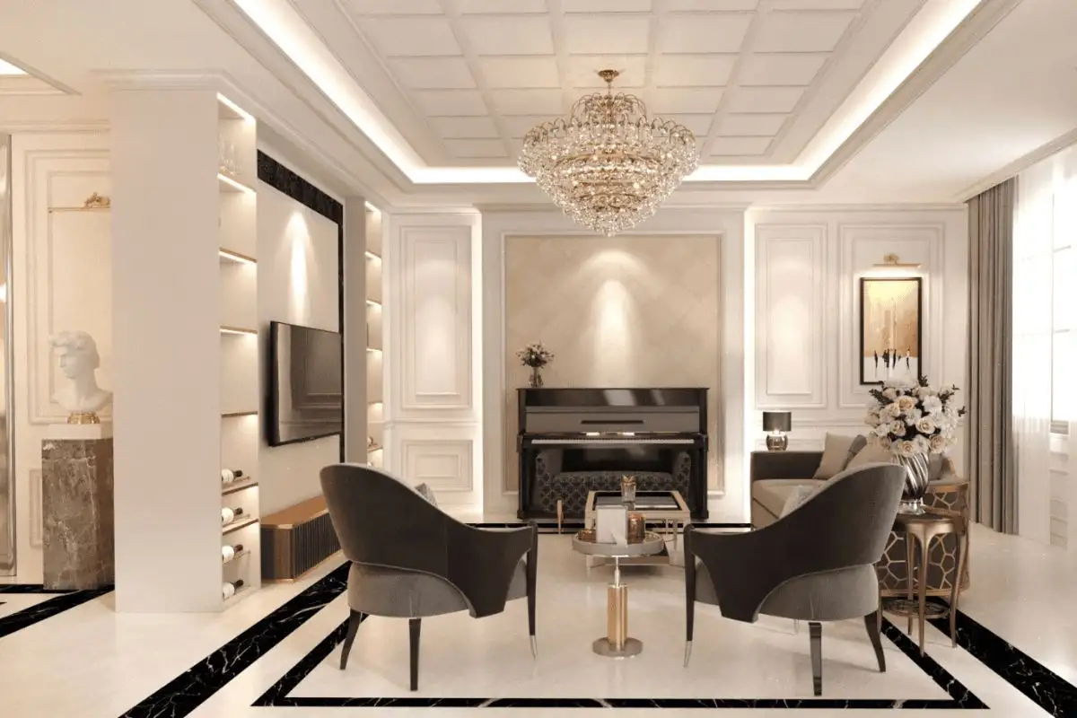 Phào chỉ trần ô vuông kết hợp đèn chùm
