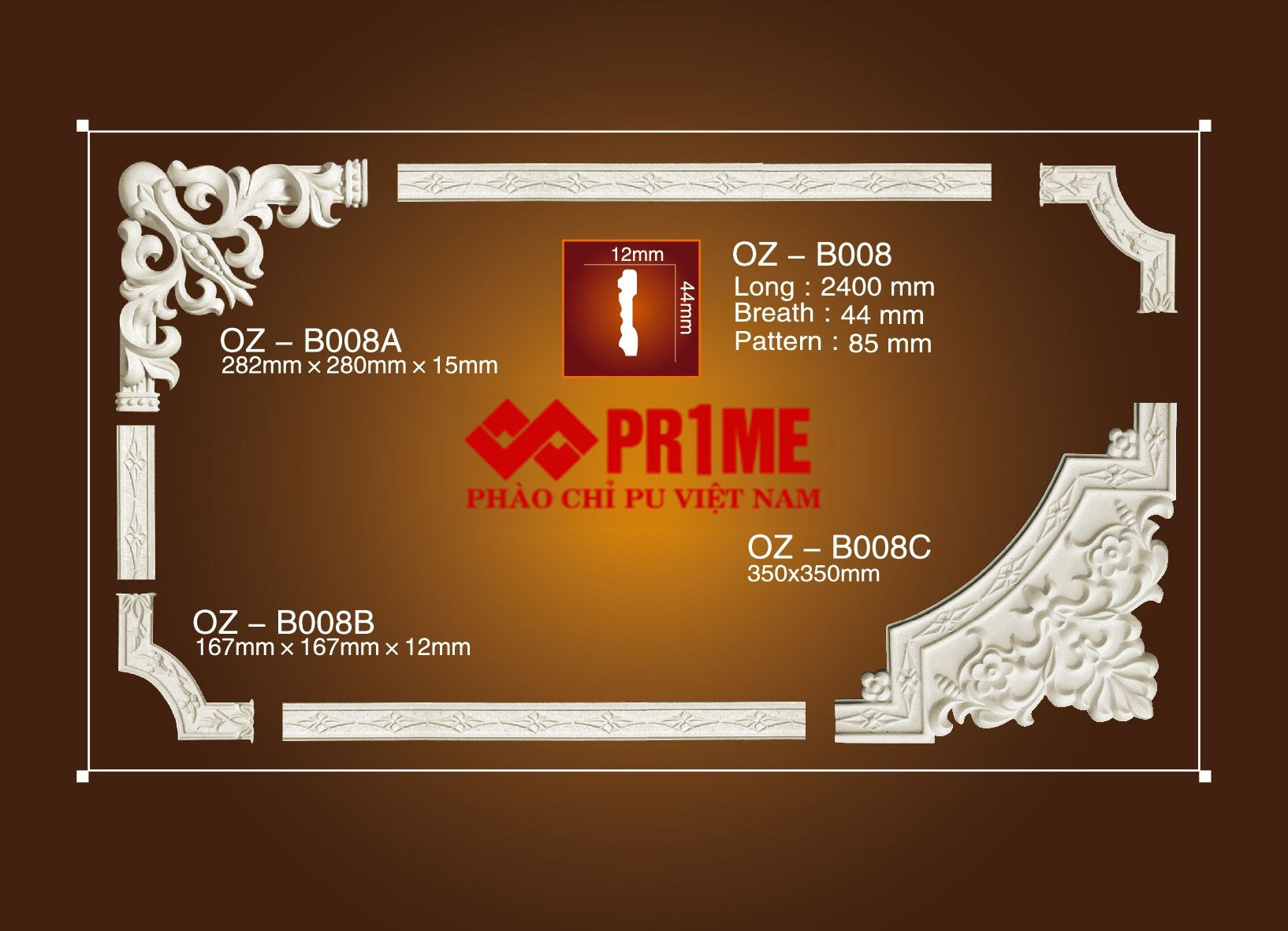 Bộ hoa văn PU OZ-B008 với hoa góc lá cuộn, hoa góc bản hẹp có cạnh trong cong vát, hoa góc hoa lá cỡ lớn và thanh chỉ dây lá mảnh