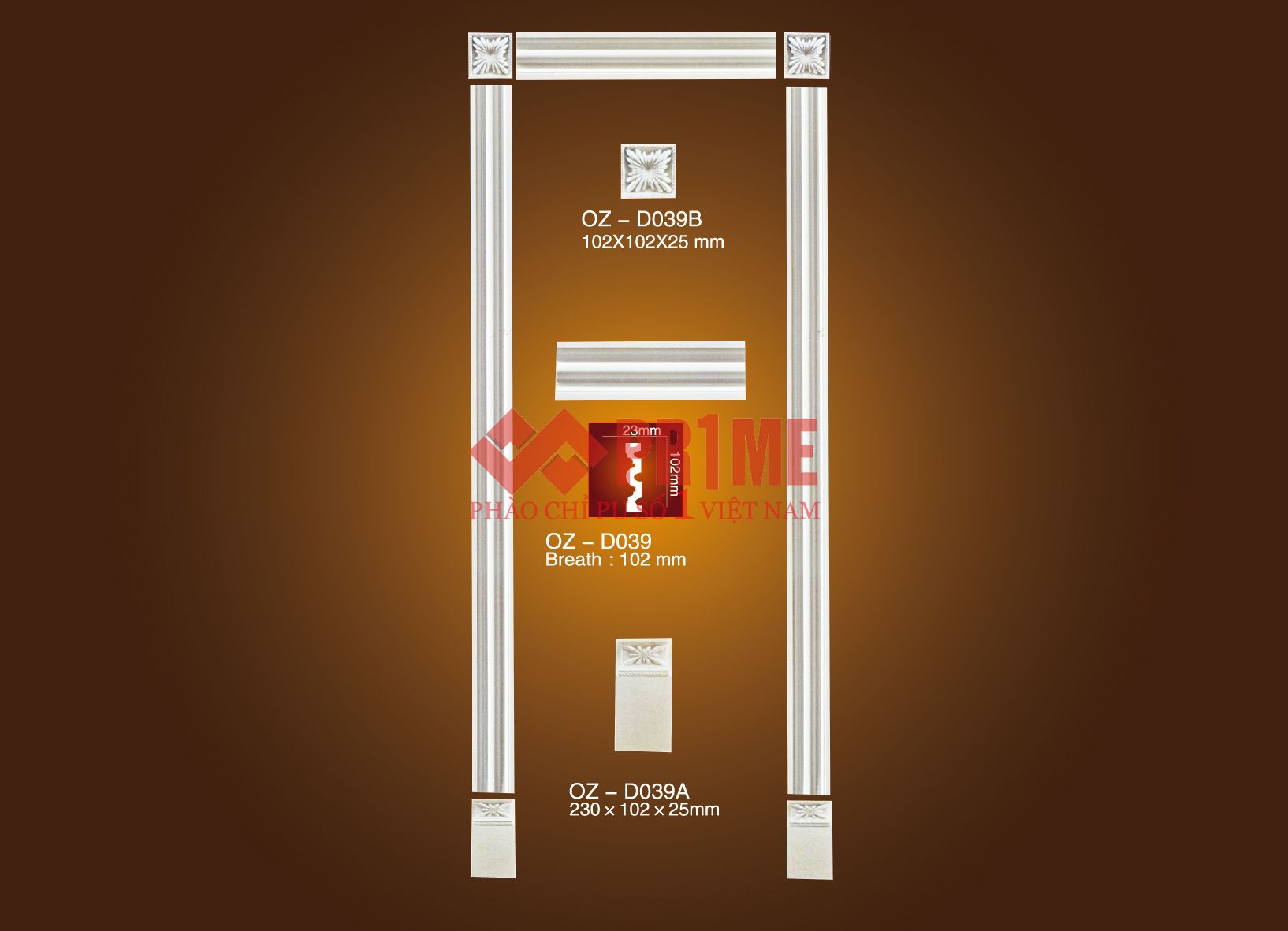 Bộ PU OZ-D039 dựng thành khung đứng với khối góc vuông có hoa văn, thanh chỉ rãnh và chân đế