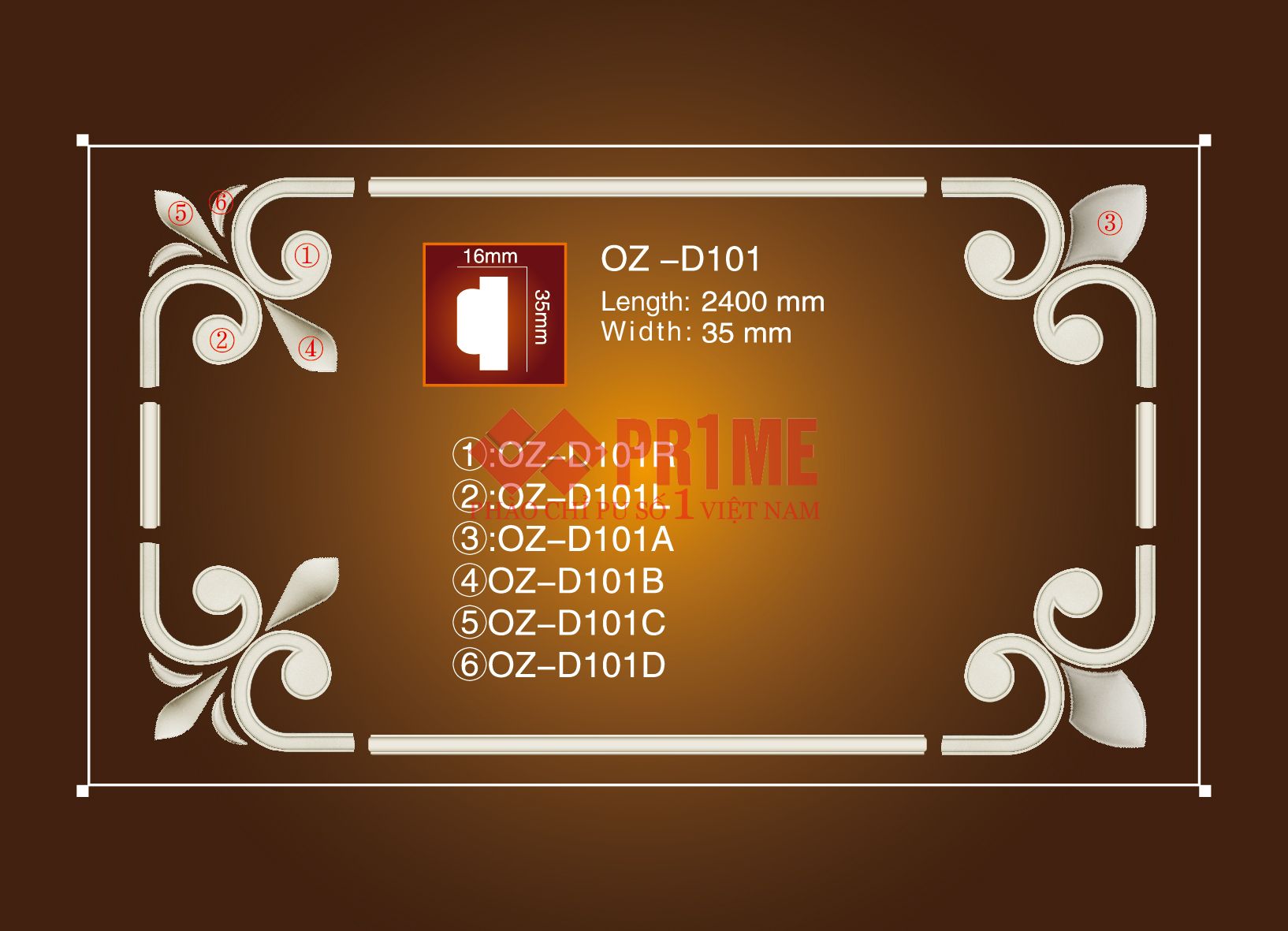 Bộ hoa văn PU OZ-D101 với thanh chỉ trơn và cụm góc ghép từ chi tiết cuộn xoắn và lá nhọn